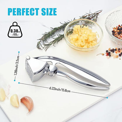 Garlic Press, Premium Metal Garlic Mincer Tool, Heavy Duty Garlic Crusher with Ergonomic Handle, Rust Proof & Dishwasher Safe, Easy to Squeeze and Clean -Silver