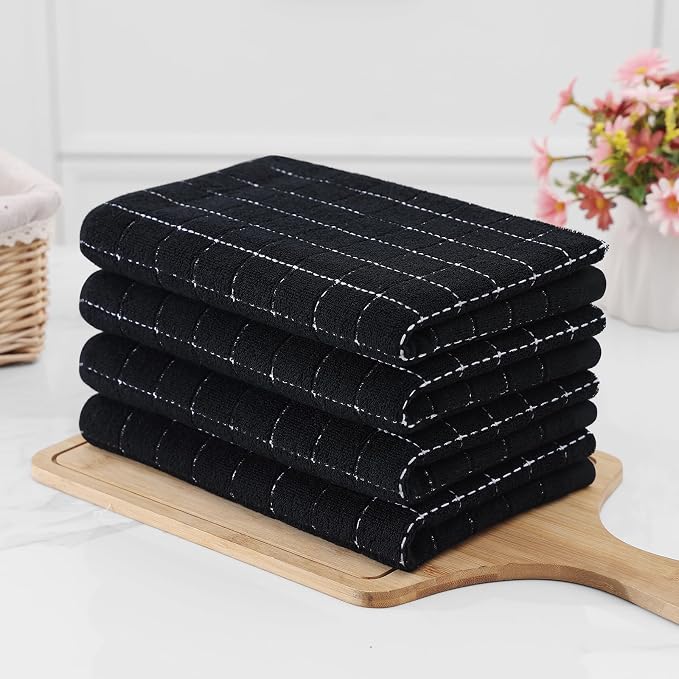 Homaxy 100% Cotton Terry Kitchen Towels(Black, 20 x 28 inches), Checkered Designed, Soft and Super Absorbent Dish Towels, Large 8 Pack