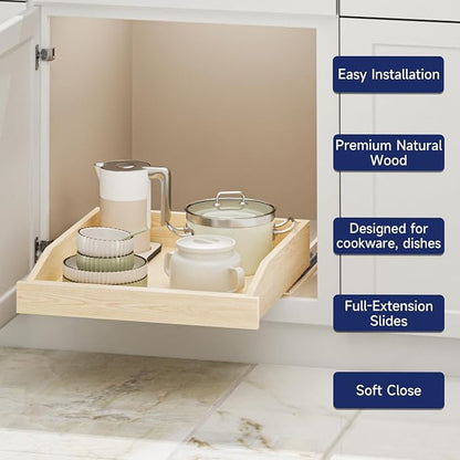 Pull Out Cabinet Organizer 19.5" W x 21" D, Soft Close Slide Out Wood Drawer Shelf for Kitchen Cabinets, Pull Out Cabinet Drawer for Base Cabinet, Pantry and Bathroom Storage, Bottom Mount