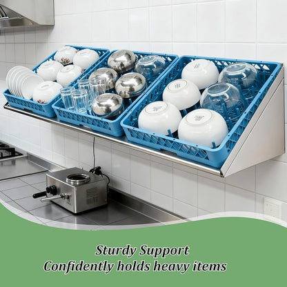 63" x 22.5" Stainless Steel Wall Mounted Dish Drying Slanted Rack with Drain Outlet for Peg Dish Rack Commercial Shelves Metal Shelving for Kitchen Bar Restaurant