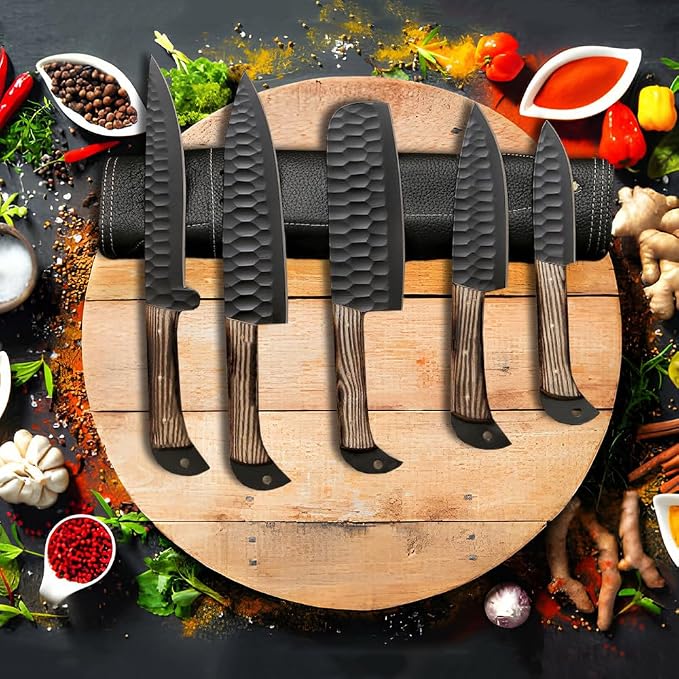 LEONA CRAFT® Hand-Forged Chef Knife Set | Hammered Steel Kitchen Knives with Full-Tang Wood Handles | Professional Cooking Tools for Home or Restaurant | 5-Piece Set with Leather Roll(017)