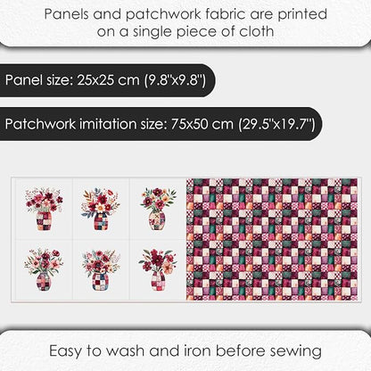 Cotton Satin Fabric Panel with Floral Patchwork Designs – 6 Printed Panels 10×10 in, Continuous Uncut Fabric Sheet 29.5×19.7 in, 100% Cotton for Quilting, Sewing & DIY