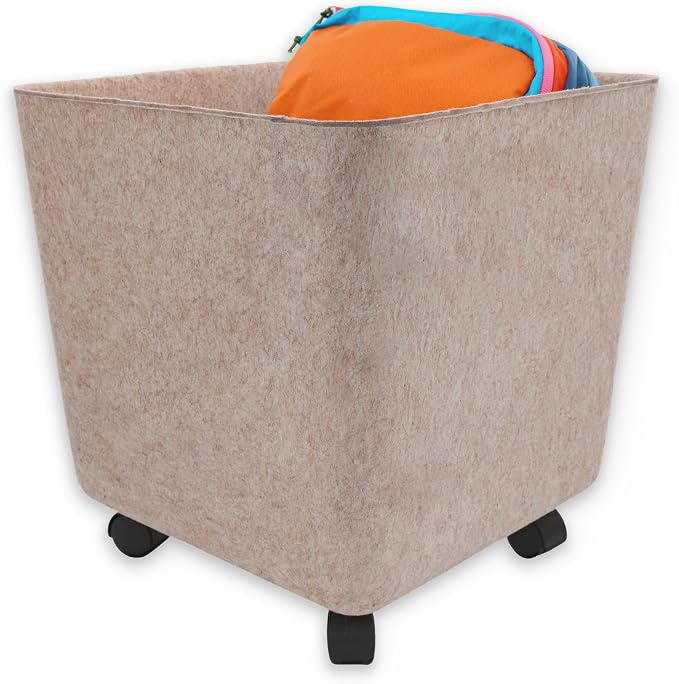 Welaxy Nodic large tall rolling Storage basket with wheels Mobile Office Felt open Bin for backpack Toys Pet Books Clothes throw blanket organize Closet Bathroom Pantry Kitchen (Oatmeal)