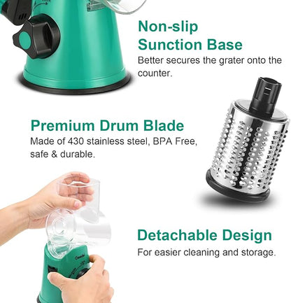 Geedel Rotary Cheese Grater, Kitchen Mandoline Vegetable Slicer with 3 Interchangeable Blades, Easy to Clean Rotary Grater Slicer for Cheese, Vegetables, Nuts