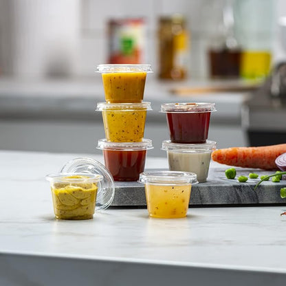 ELEGANT DISPOSABLES (1 oz - 100 Sets) Clear Diposable Plastic Portion Cups With Lids, Small Mini Containers For Portion Controll, Jello Shots, Meal Prep, Sauce Cups, Slime, Condiments,