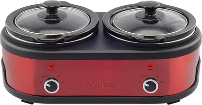 Courant 3.2-Quart Double Slow Cooker (1.6-Qt each) w/Warm Settings, Stainproof Stoneware Pots and Glass Lids – Red Stainless Steel