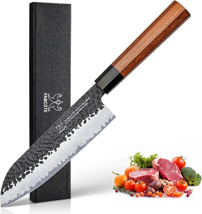 FAMCÜTE Santoku Knife 7 inch, Hand Forged 5 Layers 9CR18MOV High Carbon Steel Professional Kitchen Knife, Ultra Sharp Rosewood Handle Japanese Chopping Knife As a Thoughtful Birthday Gift for Dad/Mom