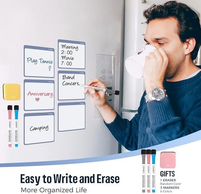 loukin Dry Erase Mini Note 6 Pack, Electrostatic Adsorption Whiteboard Sticker, 4"×4" Reusable notepads for Office, Classroom, Refrigerator, Clings Any Shiny Surface, 3 Color Markers & 1 Eraser
