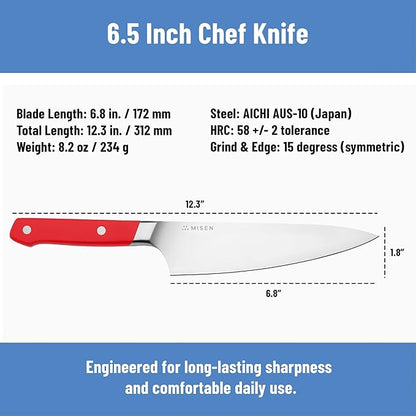 Misen 6.8" Chef Knife – High Carbon Japanese AUS-10 Stainless Steel – Hybrid German & Japanese Blade – Precision Kitchen Knife for Professionals & Home Cooks – Ultimate Cutting Performance - Red