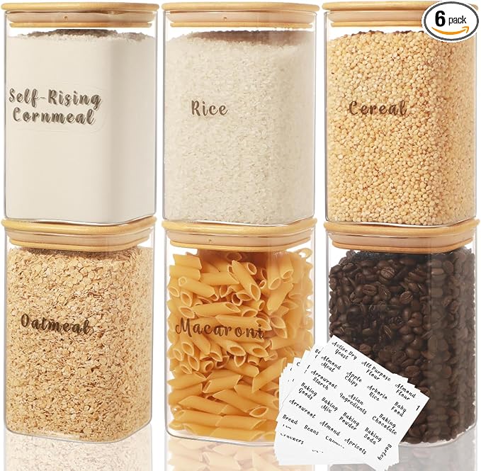 6 Pcs Square Glass Pantry Storage Containers with Bamboo Airtight Lid and 248 Clear Pantry Labels Preprinted - 37oz Thicken Glass Food Storage Jars for Coffee, Cookie, Tea, Sugar, Spice