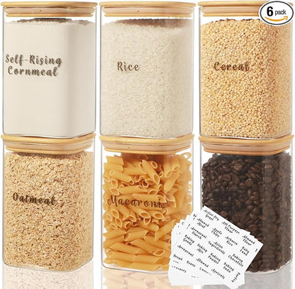 6 Pcs Square Glass Pantry Storage Containers with Bamboo Airtight Lid and 248 Clear Pantry Labels Preprinted - 37oz Thicken Glass Food Storage Jars for Coffee, Cookie, Tea, Sugar, Spice