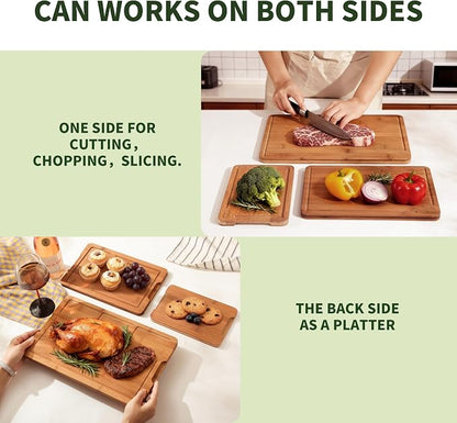 BAMBANG Bamboo Cutting Board, Dark Carbonized Chopping Boards Set of 3 with Stand, Butcher Block with Deep Juice Groove, Non-Toxic Wooden Cutting Boards for Kitchen Meal Prep & Serving