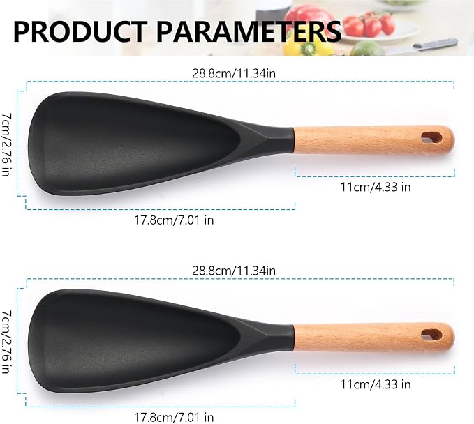2 Pcs Wooden Handle Silicone Cooking Spoon Set for Nonstick Cookware Cooking, Baking, Stirring ，BPA-Free Heat-Resistant Spatula for Mixing, Flipping, Scraping (2 Pcs Black)