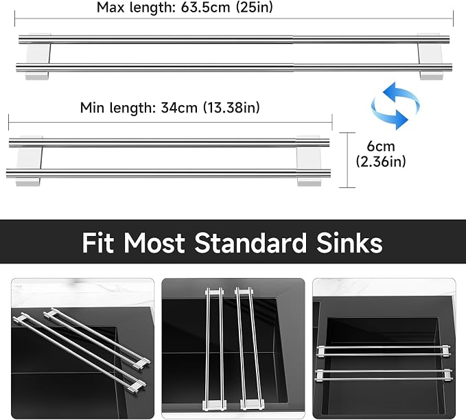 Dish Cloth Holder for Kitchen Sink, Adjustable Over-The-Sink Dish Rag Rack, Metal Kitchen Racks Sink Brush Holder, Drying Rack for Dishcloths, Sponges, Brushes, and Bottles (2, Sliver)