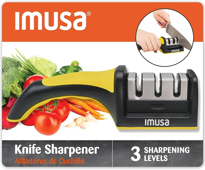 IMUSA Knife Sharpener – Kitchen Knife Sharpener with 3-Stage Stainless Steel Blade Sharpener Design – Easy to Use, Ergonomic Manual Knife Sharpening Kit with Non-Slip Base (Yellow)