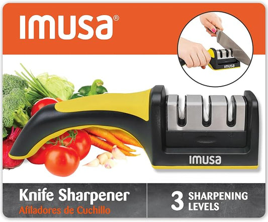 IMUSA Knife Sharpener – Kitchen Knife Sharpener with 3-Stage Stainless Steel Blade Sharpener Design – Easy to Use, Ergonomic Manual Knife Sharpening Kit with Non-Slip Base (Yellow)