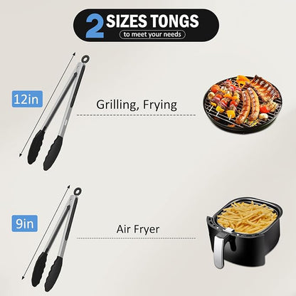 Tongs for Cooking, 600ºF High Heat-Resistant Stainless Steel Kitchen Tongs with Silicone Tips, Non Scratch, Locking Tong for BBQ Grilling Air Fryer Food Salads, Set of 2 (9" and 12") Black