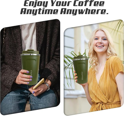 SPLMIFA Travel coffee mugs leak-proof, reusable coffee cups with lids, stainless steel vacuum insulated coffee tumblers, thermal insulation cups for men & women keep drinks hot & cold(2nd-Green, 12OZ)