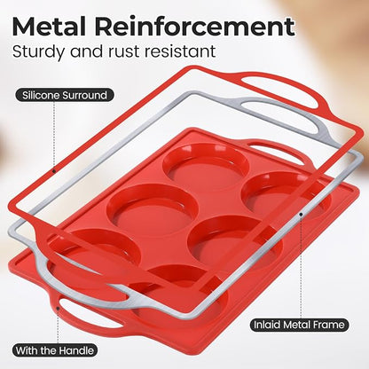 CAKETIME Silicone Muffin Top Pan with Metal Frame, 4 Inch Jumbo Non Stick Round Egg Baking Pan for Oven English Muffins, Whoopie Pies, Corn Bread, Egg Bites, Breakfast Sandwiches Tarts 2 Pack Red