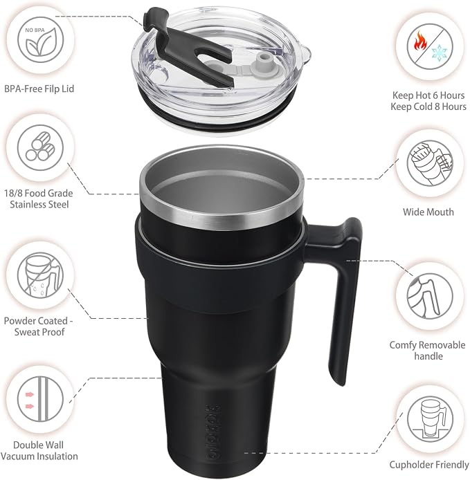 BJPKPK 40 oz Tumbler With Handle And Straw Stainless Steel Travel Mug Insulated Tumbler Cups With Lids,Black