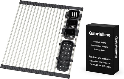 Gabrielline Expandable Roll Up Dish Drying Rack for Kitchen Sink, 21.6” x 12.7” Stainless Steel Over Sink Drying Mat with Utensil Holder & Drip Tray, Space Saving Heavy Duty Kitchen Rack Set