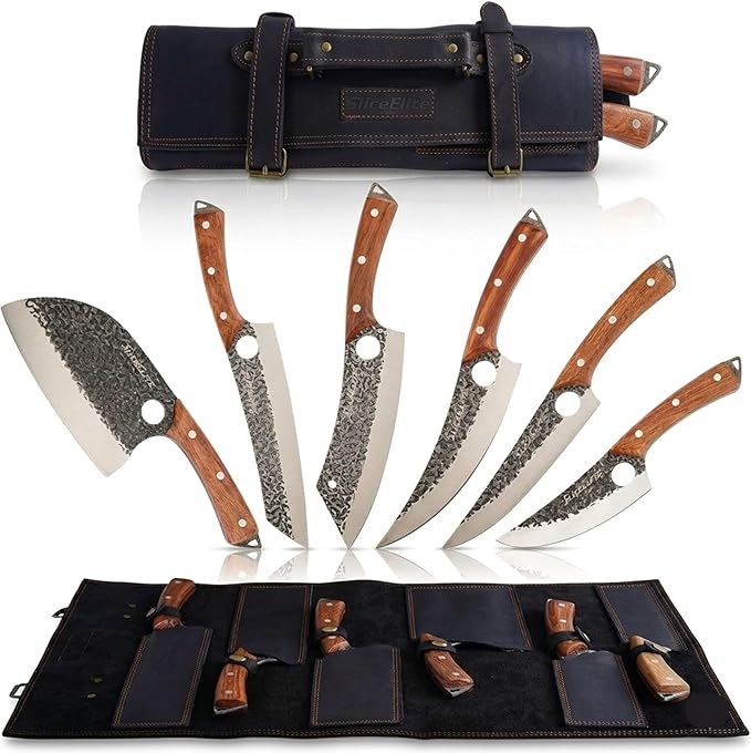 6 Piece Butcher Knife Set Leather Roll Father’s Day Gift For Dad Serbian Chef Viking Cleaver Boning Scimitar Kiritsuke Knives Hammered Pattern Forged Steel Meat Cutting Knives Kitchen Knife BBQ Prep