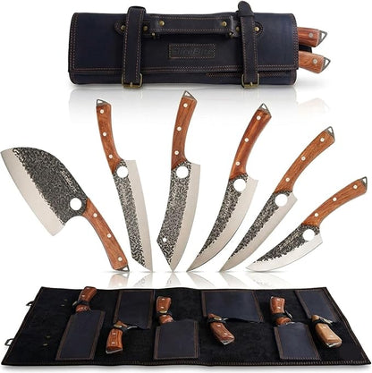 6 Piece Butcher Knife Set Leather Roll Father’s Day Gift For Dad Serbian Chef Viking Cleaver Boning Scimitar Kiritsuke Knives Hammered Pattern Forged Steel Meat Cutting Knives Kitchen Knife BBQ Prep
