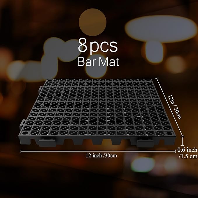 Tioncy 8 Pcs Bar Countertop Supplies Interlocking Mats 12 x 12 Inch Black Shelf Liners Bar Drying Coffee Non Slip Spills Mats for Bartending Home Cocktail Bars Restaurants