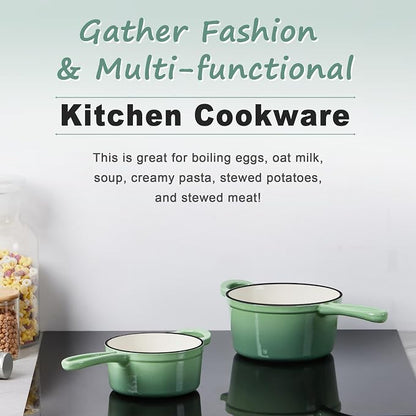 1 Qt & 2 Qt Saucepan Set, Leonyo Enameled Cast Iron Sauce Pan, Cast Iron Dutch Oven Kitchen Small Pots for All Cooktops Cooking Pasta, Milk, Oatmeal - Up to 500°F, Pistachio Green