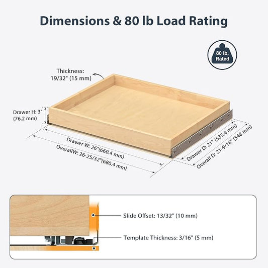 Pull Out Drawers for Kitchen Cabinets 26" W x 21" D Birch Wood | Pull-Out Cabinet Drawer, Slide Out Shelf, Concealed Soft-Close Full-Extension Slides, Bottom & Side Mount, 80 lb Heavy-Duty
