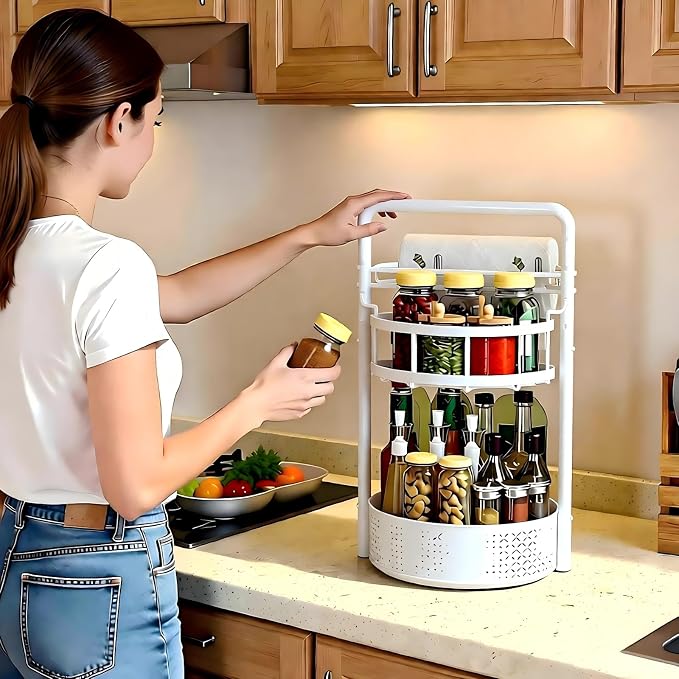 JEESA Rotating Spice Rack with Paper Towel Holder, White | 2 Tier Lazy Susan, Sturdy Iron, Seasoning Organizer, Kitchen Countertop