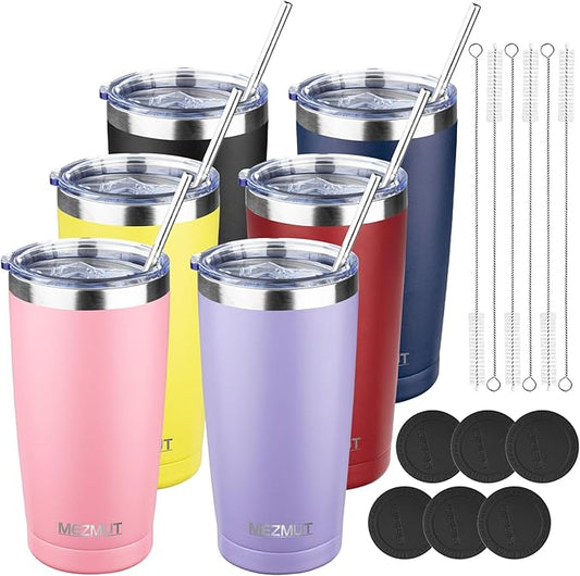 MEZMUT 20oz Tumbler Coffee Travel Mug with Lid and Straw, 6 Pack Stainless Steel Double Wall Vacuum Spill Proof Insulated Tumbler, Hot or Iced Coffee Cups for Drinks (6Pcs, Mixed1)