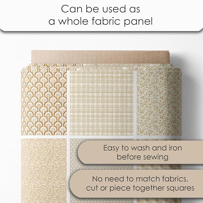 Cotton Satin Patchwork Fabric Panel – 35 Designs, 20×20 cm Squares, Single Piece 150×110 cm, Neutral Beige Quilt Fabric (Golden Beige Patchwork Set, 35pcs 8x8 inch)