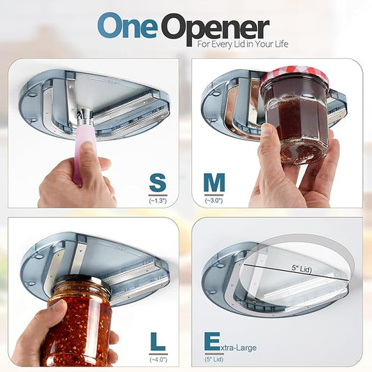 Mount-on Cabinet Jar Opener for Weak Hands,Seniors with Arthritis,Double U Shaped Grooves Grip Bottle Opener for Any Size Lid,304 Stainless Steel One-Handed Can Opener Tool for Home Assistance,Blue