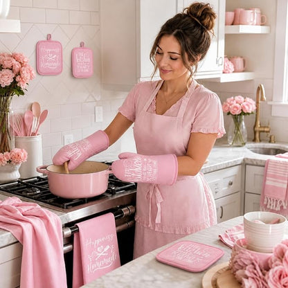 Sratte 6 Pcs Pink Kitchen Decor Accessories Set Cute Farmhouse Towels Pot Holders Oven Mitts Set 2 Dish Towels 2 Potholders 2 Cooking Mittens for Baking Cooking House Supply(Pink, Kitchen)