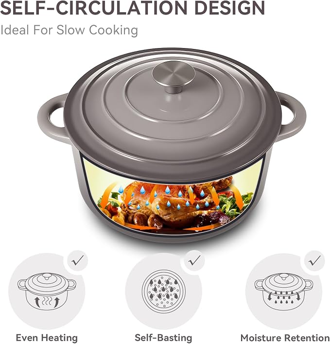 Miereirl 6 Quart Enameled Dutch Oven Pot with Lid, Cast Iron Dutch Oven with Dual Handles for Bread Baking, Cooking, Non-stick Enamel Coated Cookware, Grey