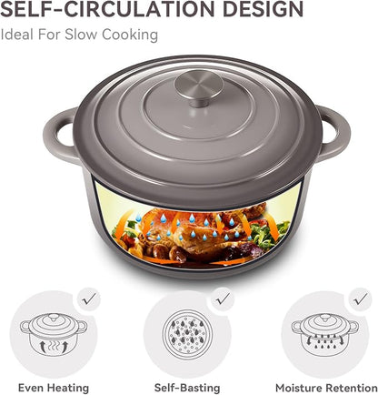 Miereirl 6 Quart Enameled Dutch Oven Pot with Lid, Cast Iron Dutch Oven with Dual Handles for Bread Baking, Cooking, Non-stick Enamel Coated Cookware, Grey