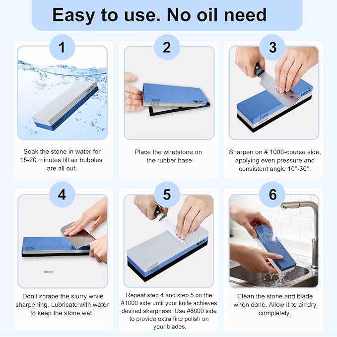 Premium Knife Sharpening Stone Whetstone 1000/6000 with 2 Non-Slip Rubber Bases, Safety and Anti-Slip Suitable for All Kinds of Knives