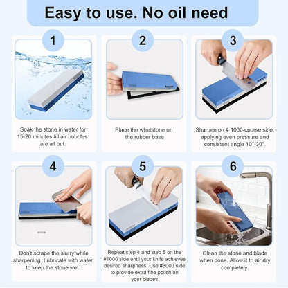 Premium Knife Sharpening Stone Whetstone 1000/6000 with 2 Non-Slip Rubber Bases, Safety and Anti-Slip Suitable for All Kinds of Knives