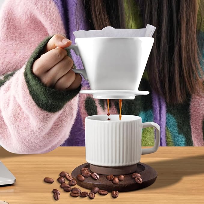 hailanbao Handmade Pour over Ceramic Coffee Dripper - Authentic Brewing Experience for Camping, Office, and Home (White)