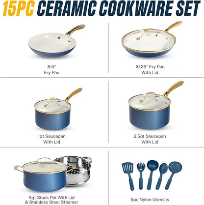 15 Pc Pots and Pans Set Non Stick - Gotham Steel Ceramic Cookware Set, Diamond Reinforced Nonstick, PFOA & PFAS Free, Non Toxic Kitchen Cookware, Oven Safe to 500°F, Dishwasher Safe - Navy