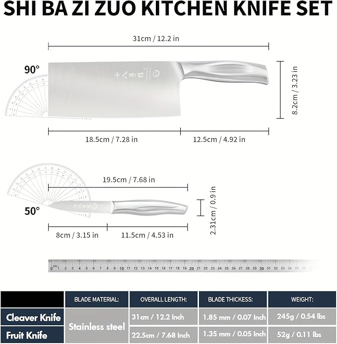 SHI BA ZI ZUO 2-Piece Kitchen Knife Set, Cutting Knife Chinese Chef's Knife and Fruit Knife, Professional Knife Set with Stainless Steel Handle for Meat and Vegetables
