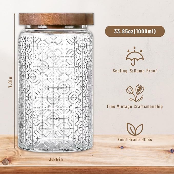 Vintage Glass Jars with Wooden Lids, 34 oz Airtight Glass Food Storage Containers Sets for the Kitchen, Sugar Candy Coffee Cookie Tea Spice Pasta