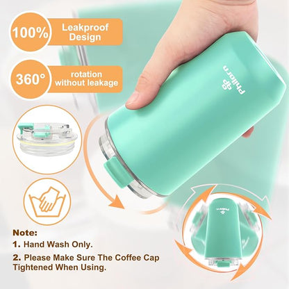 PHILORN Coffee Mug 12 OZ Tumbler, Green Travel Coffee Mug with Lid, Coffee Thermos for Hot & Cold Drinks, Insulated Stainless Steel Travel Coffee Cup with Double Wall