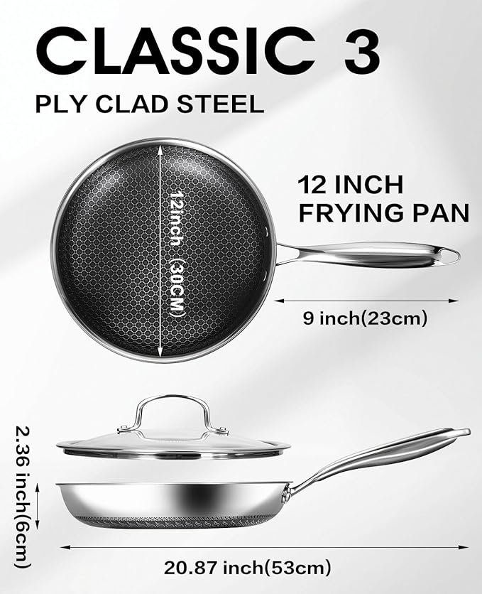 USELUCK Nonstick Frying Pans with Lid, 12-Inch Non Stick Skillet with Honeycomb Surface,Dishwasher-Friendly,Oven-Safe,Induction Compatible,PFAS-Free,Non-Toxic,Compatible with All Cooktops.