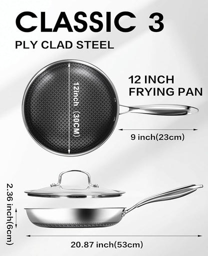 USELUCK Nonstick Frying Pans with Lid, 12-Inch Non Stick Skillet with Honeycomb Surface,Dishwasher-Friendly,Oven-Safe,Induction Compatible,PFAS-Free,Non-Toxic,Compatible with All Cooktops.