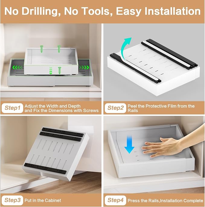 Pull out Cabinet Organizer,Extendable (12"-20") Heavy-Duty Pull-Out Drawers – Secured with Nano Adhesive Tape, Ideal for Cookware Storage, for Kitchen Base Cabinets (21" Dx12-20" W(1 Pack))