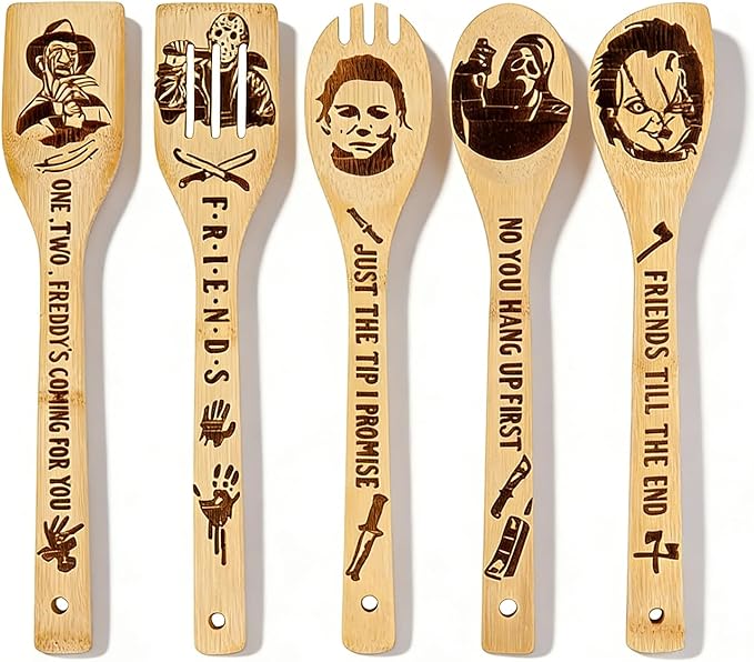 5Pcs Horror Movie Merchandise - Wooden Spoons for Cooking, Halloween Kitchen Accessories, Engraved Bamboo Cooking Utensils, Horrors Movie Decor, Horrors Movie Gifts