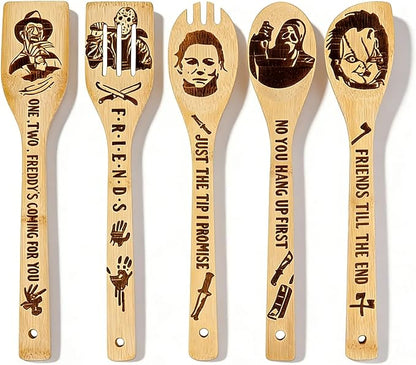 5Pcs Horror Movie Merchandise - Wooden Spoons for Cooking, Halloween Kitchen Accessories, Engraved Bamboo Cooking Utensils, Horrors Movie Decor, Horrors Movie Gifts