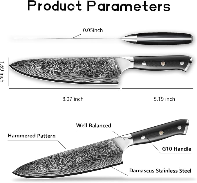 Chef Knife 8 inch -Japanese VG10 Steel 67 Layer Damascus Chef Knife-Razor Sharp Kitchen Knife Ergonomic G10 Handle with Sheath